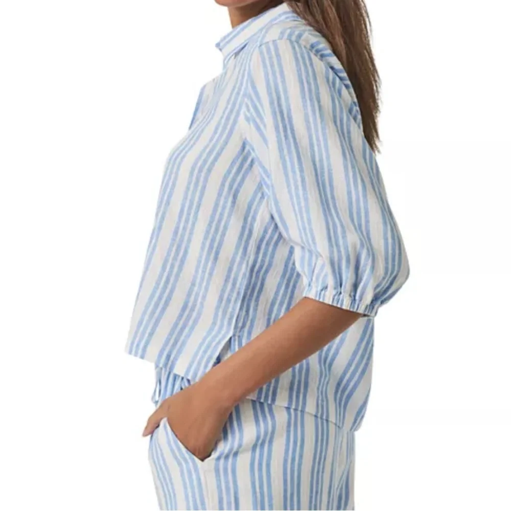 Splendid Allison Popover Top Blue White Striped Linen Blend‎ 3/4 Sleeve Size XS